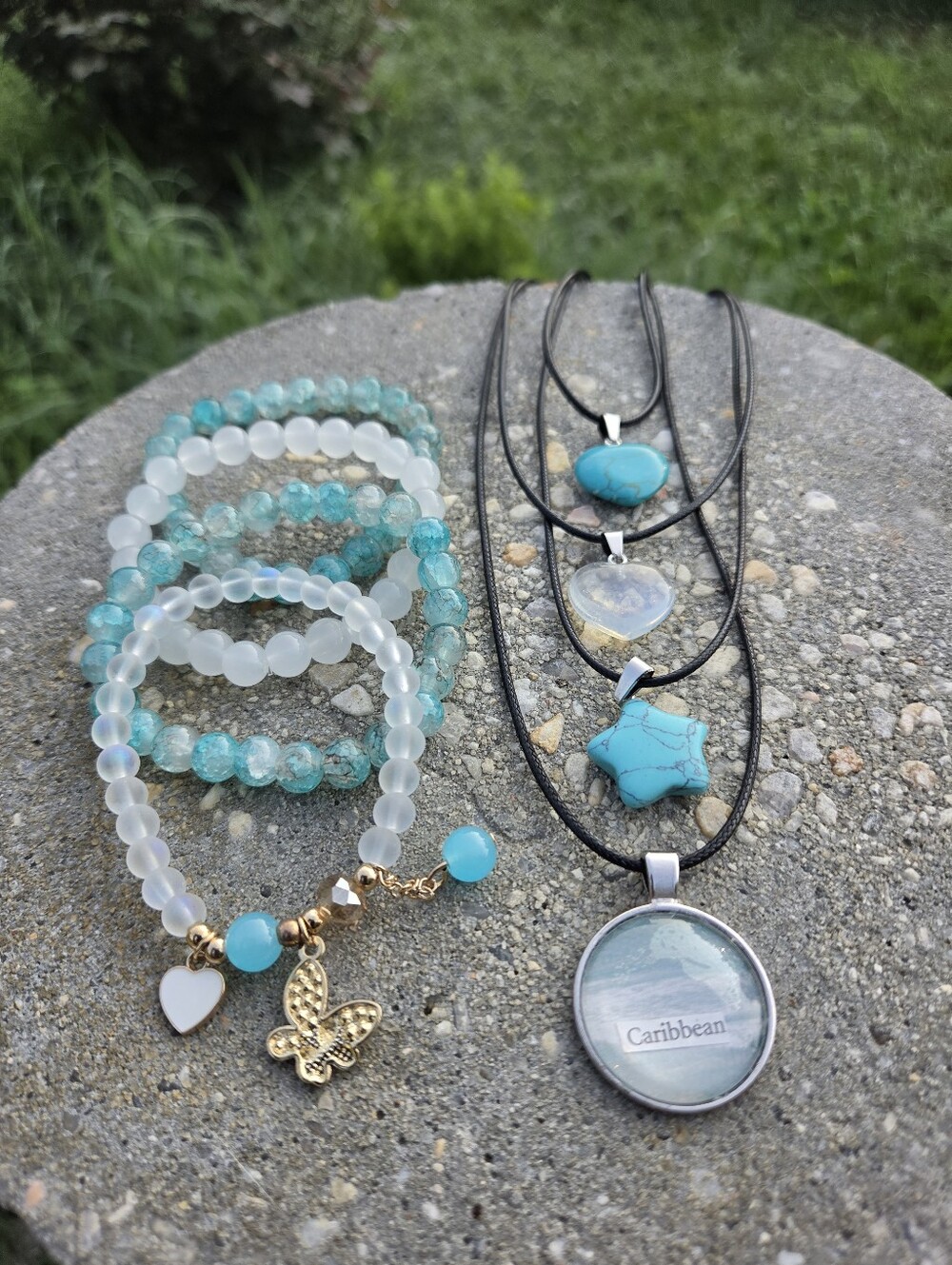 Handcrafted Set Of 8 Stretch Bracelet and Pendant Necklace Set- Beach Inspired